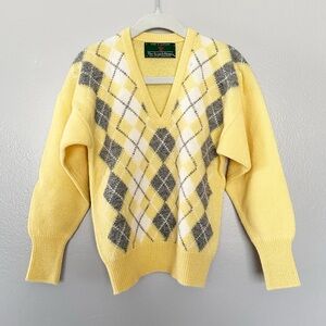 Vintage The Scotch House 100% Lambswool Yellow Argyle V-Neck Sweater Sz 24M*